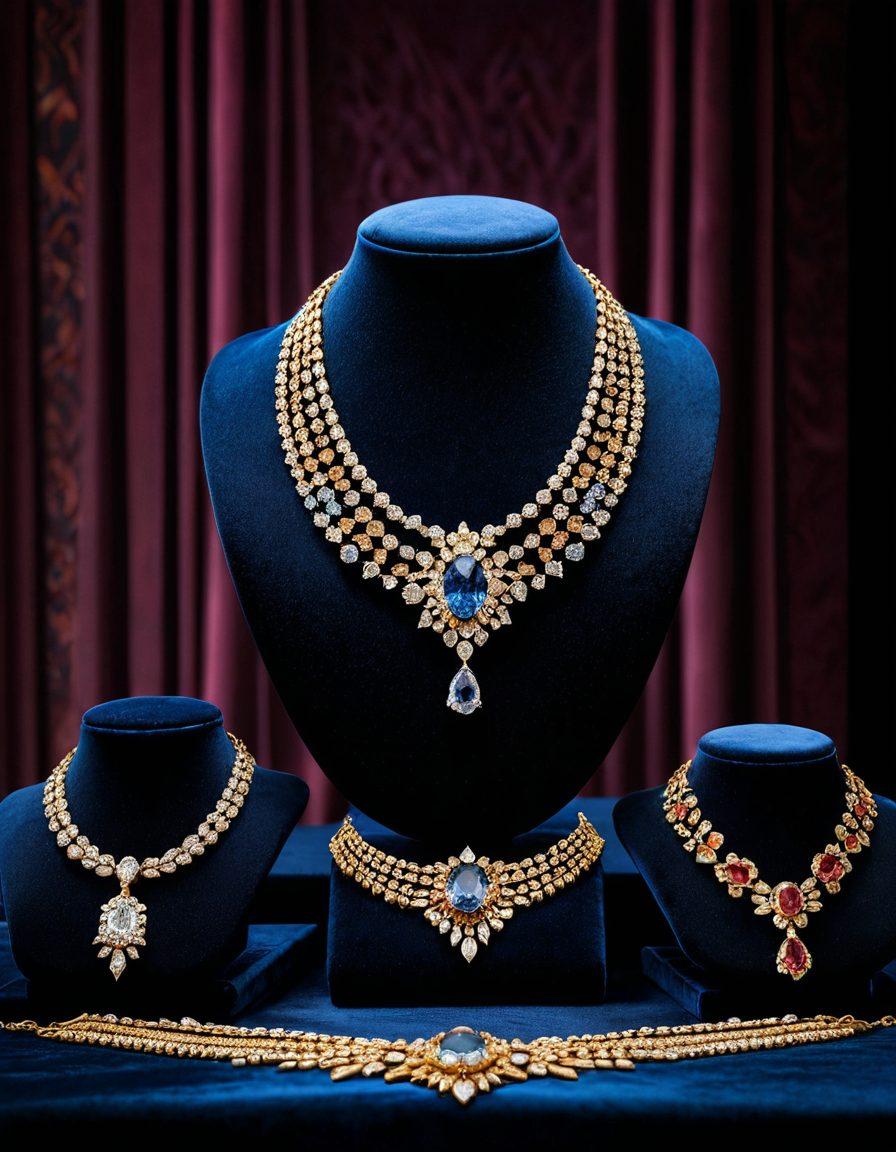 A luxurious jewelry display featuring sparkling diamonds, gold necklaces, and colorful gemstones, carefully arranged on a velvet background. Overlayed is a soft, ethereal light symbolizing protection, with subtle shields or locks gently integrated into the design. Show a faint financial graph in the background indicating growth. The overall aura conveys security and elegance. super-realistic. vibrant colors. soft lighting.