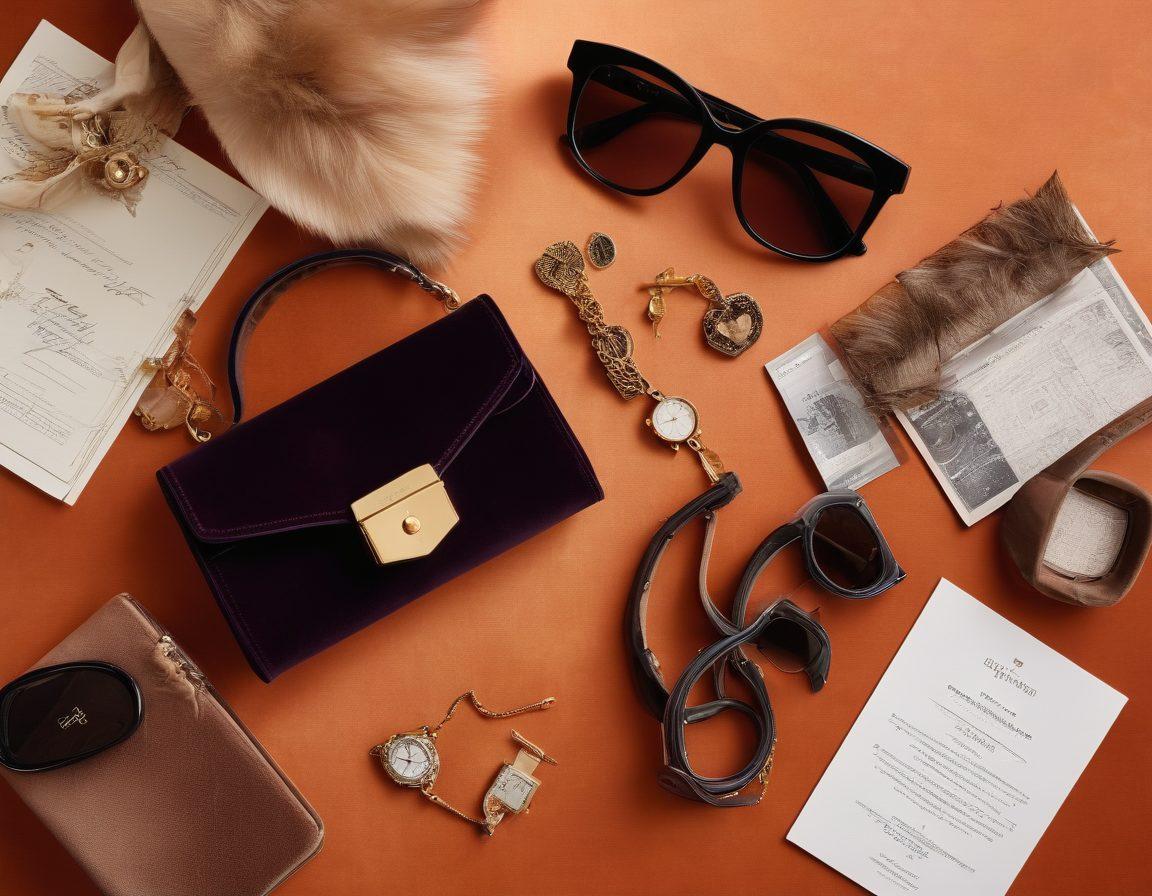 A visually striking flat lay of a beautifully arranged collection of stylish accessories including bags, jewelry, and sunglasses, each tagged with personalized insurance documents to symbolize protection. The setting features a plush velvet background, casting soft shadows to enhance the luxurious appeal of the items. Include subtle overlays of graphic elements that suggest security and customization, like locks or shields, to emphasize the insurance theme. super-realistic. vibrant colors. elegant background.