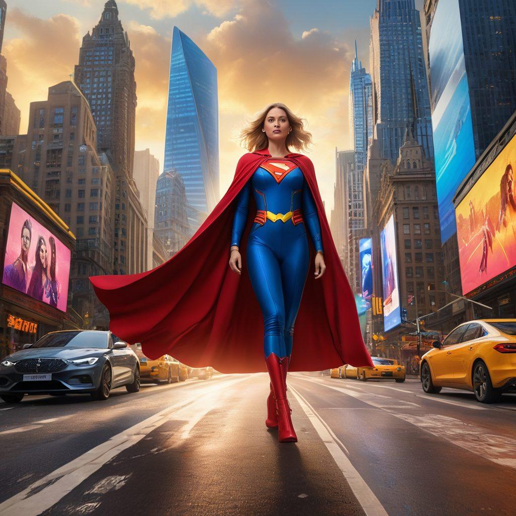 A dynamic scene showcasing a collection of vibrant accessories like watches, handbags, and tech gadgets shielded under a giant, protective superhero cape. The background features a city skyline, symbolizing security and protection. Include energetic colors and rays of light beaming down, representing the 'unlocking' of benefits. super-realistic. vibrant colors. 3D.